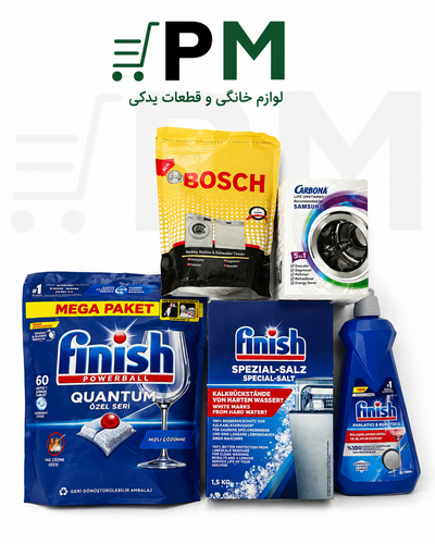 پک کامل ماشین ظرفشویی فینیش اصل شامل قرص کوانتوم 60 عددی، جلادهنده و نمک فینیش به همراه جرمگیر بوش و کربونا