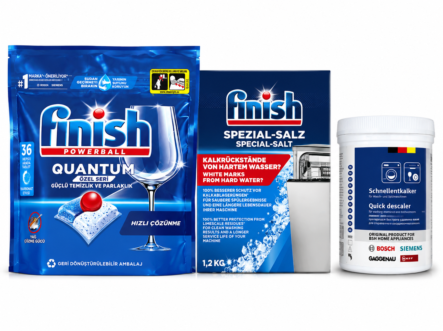 پک کامل ظرفشویی | قرص 36 فینیش کوانتوم +جرم‌گیر قدرتمند ظرفشویی Schanellentkalker +نمک1.2kg فینیش