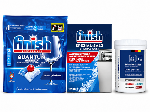 پک کامل ظرفشویی | قرص 36 فینیش کوانتوم +جرمگیر قدرتمند ظرفشویی Schanellentkalker +نمک1.2kg فینیش