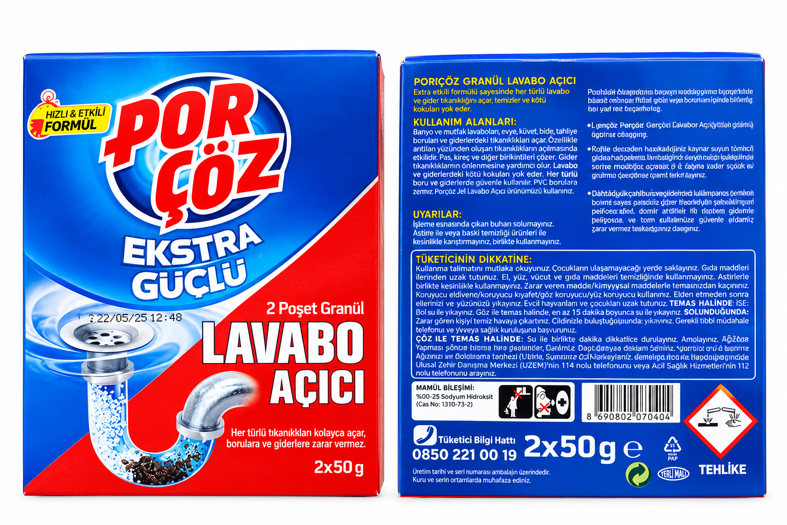 گرانول لوله بازکن پورچوز Porçöz Extra Strong دو عددی ۵۰ گرمی مناسب رفع گرفتگی سینک و لوله