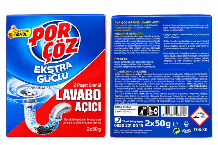 گرانول لوله بازکن پورچوز Porçöz Extra Strong دو عددی ۵۰ گرمی مناسب رفع گرفتگی سینک و لوله